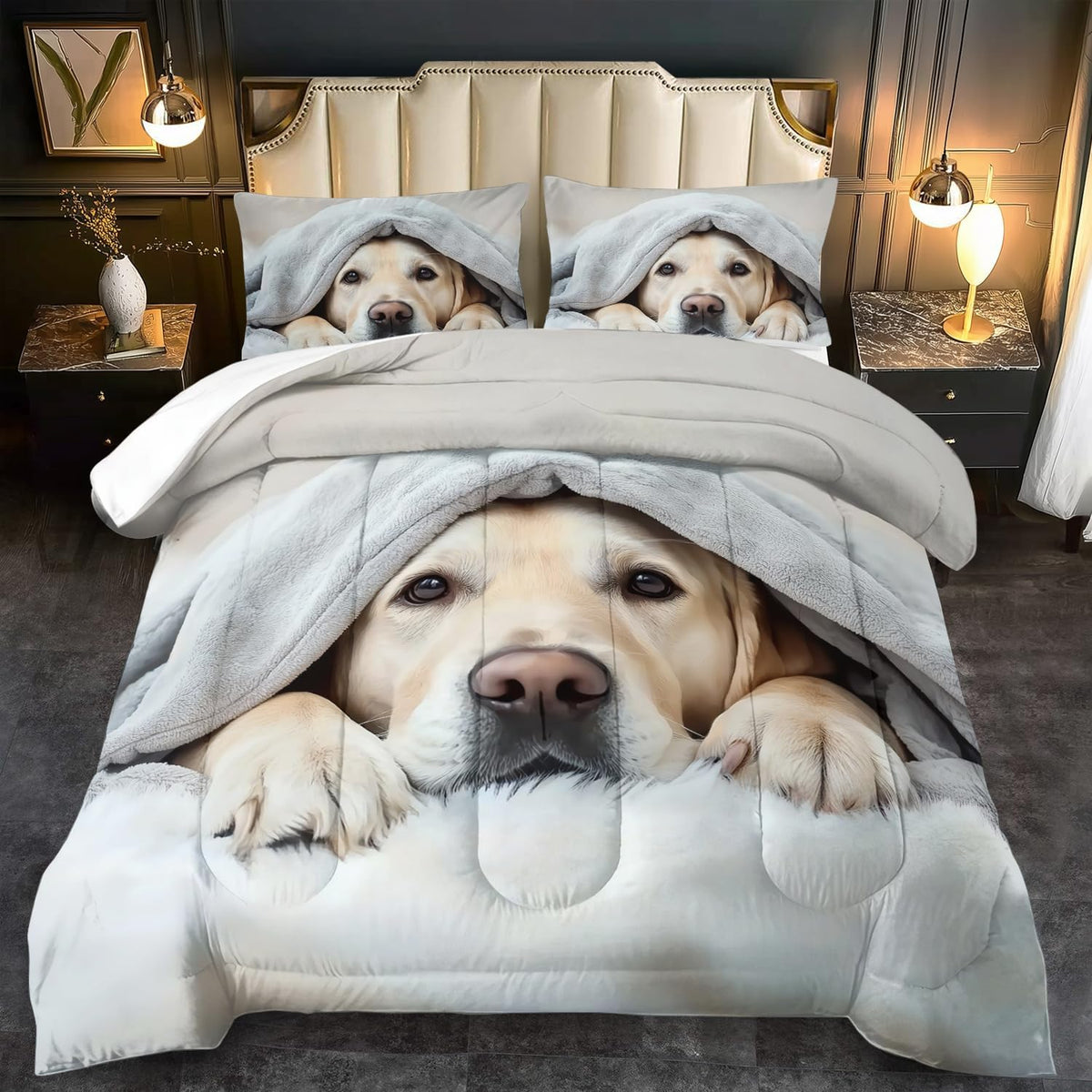 Grey Dog Comforter Set King Size Boy,Kawaii Pet Dog Animal Print Bedding Set for Girl,Cute Pet