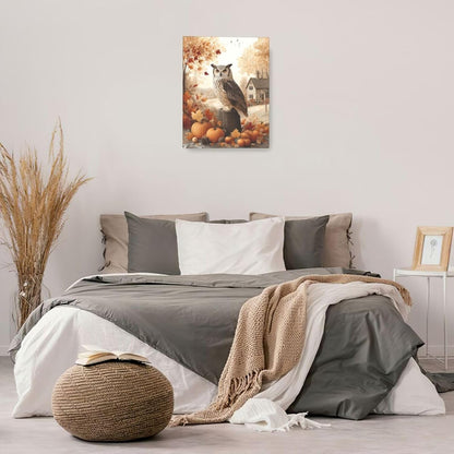 Fall Owl Wall Art Autumn Pumpkin Leaves Wall Decor Rustic Canvas Print Farmhouse Pictures Painting