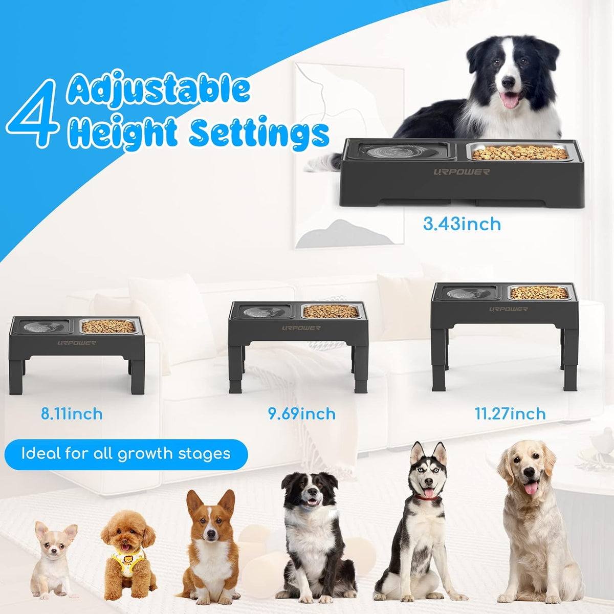 URPOWER 2-in-1 Elevated Dog Bowls 4 Height Adjustable Raised Dog Bowls with No Spill Water Bowl and