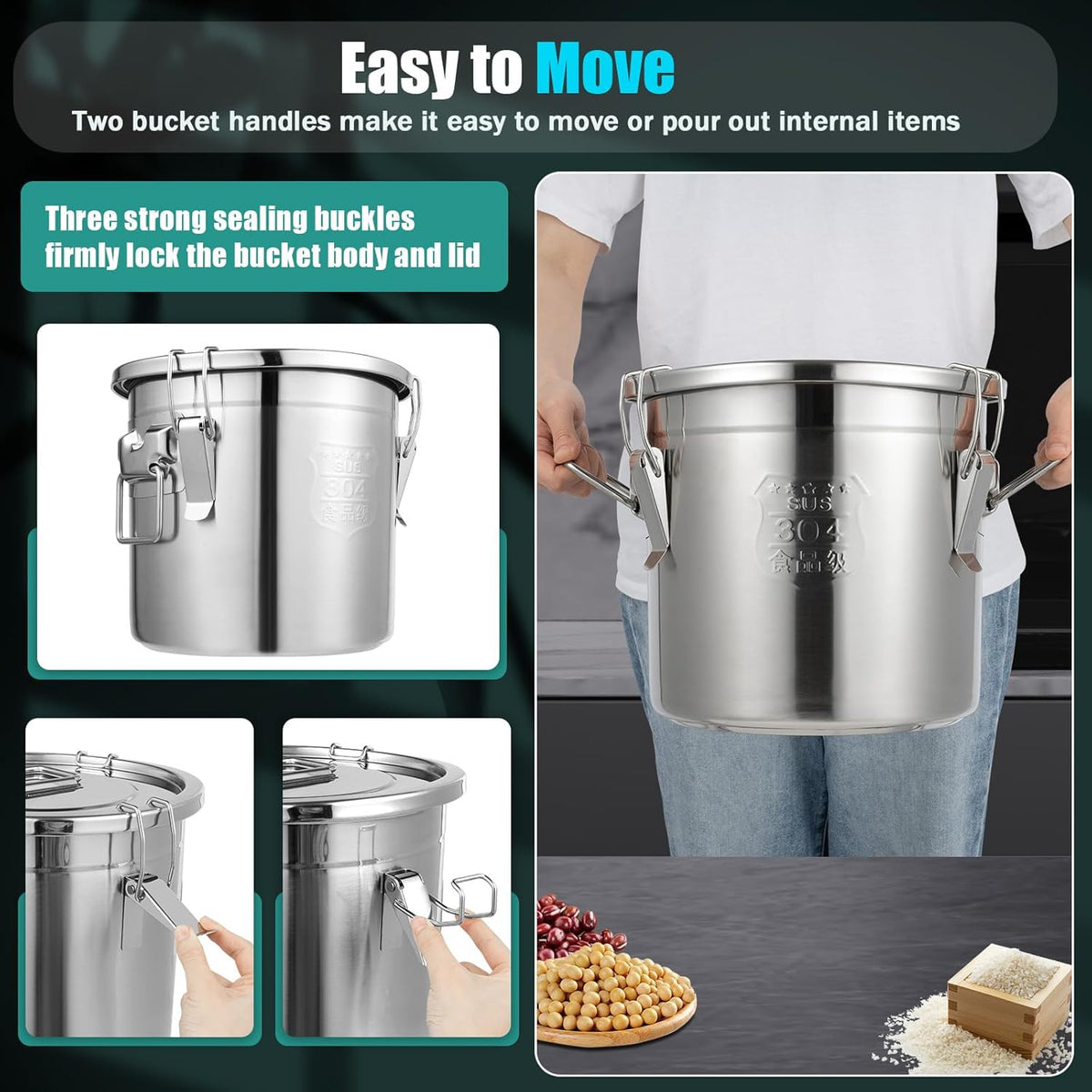 DYNAMI 304 Stainless Steel Airtight Canister for Kitchen, 3.2Gal/405oz Flour Container with Lid and