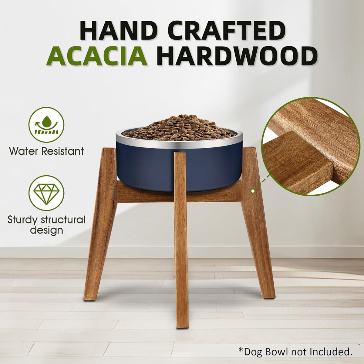 Solid Acacia Hardwood Elevated Dog Bowl Stand, Raised Feeder for Medium & Large Dogs, Fits up to 9″