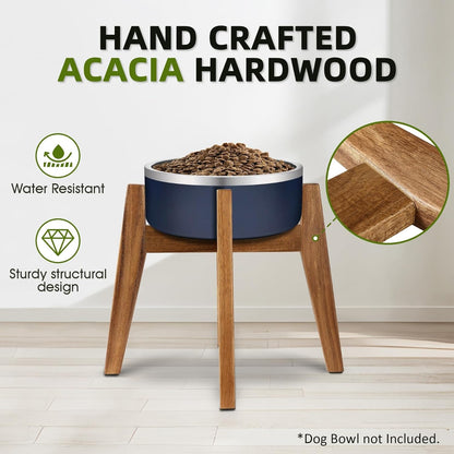 Solid Acacia Hardwood Elevated Dog Bowl Stand, Raised Feeder for Medium & Large Dogs, Fits up to 9″