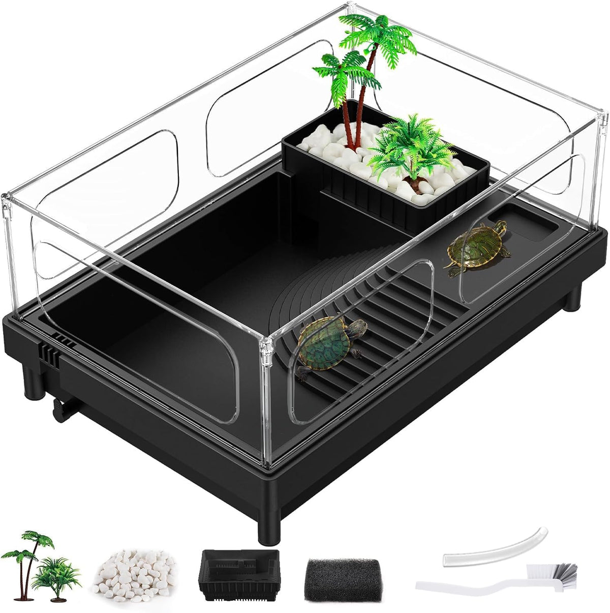 Small Turtle Tank, Aquarium, Acrylic Terrarium with Basking Platform, Bottom Drainage