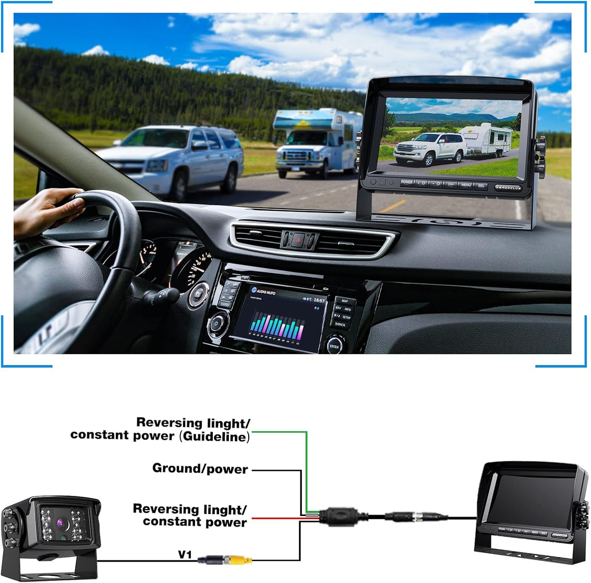 Rear View Camera Kit, Wired Backup Camera System 7 Inch Monitor IP69 Waterproof IR Night Vision