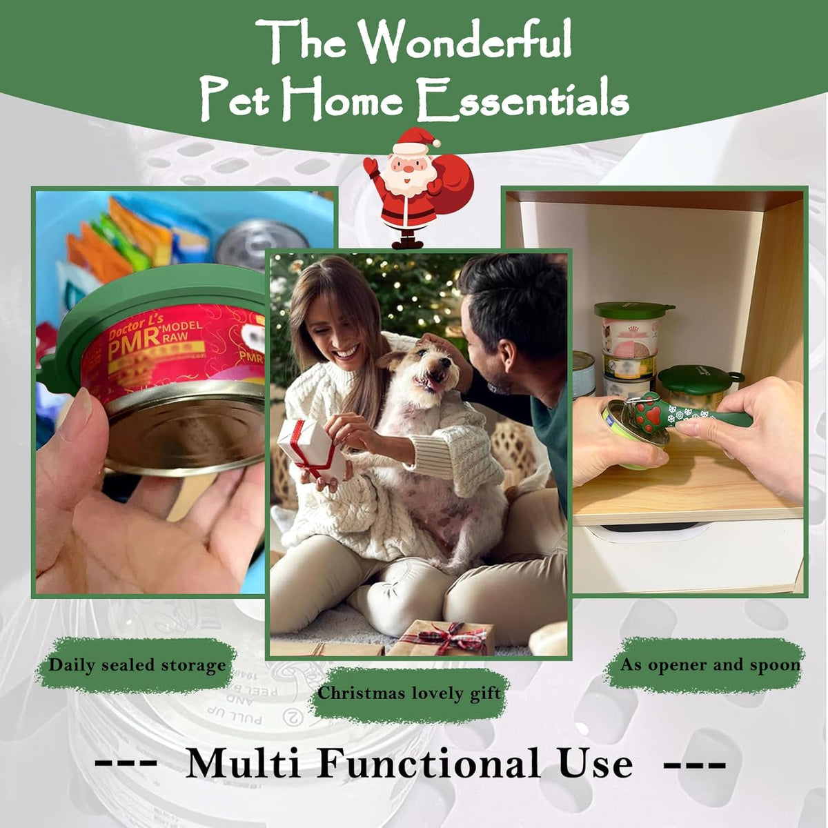 Christmas Pet Set - 3 Cat Food Can Lids & 1 BPA-Free Can Opener | Cute Paw Shape Opener Spatula