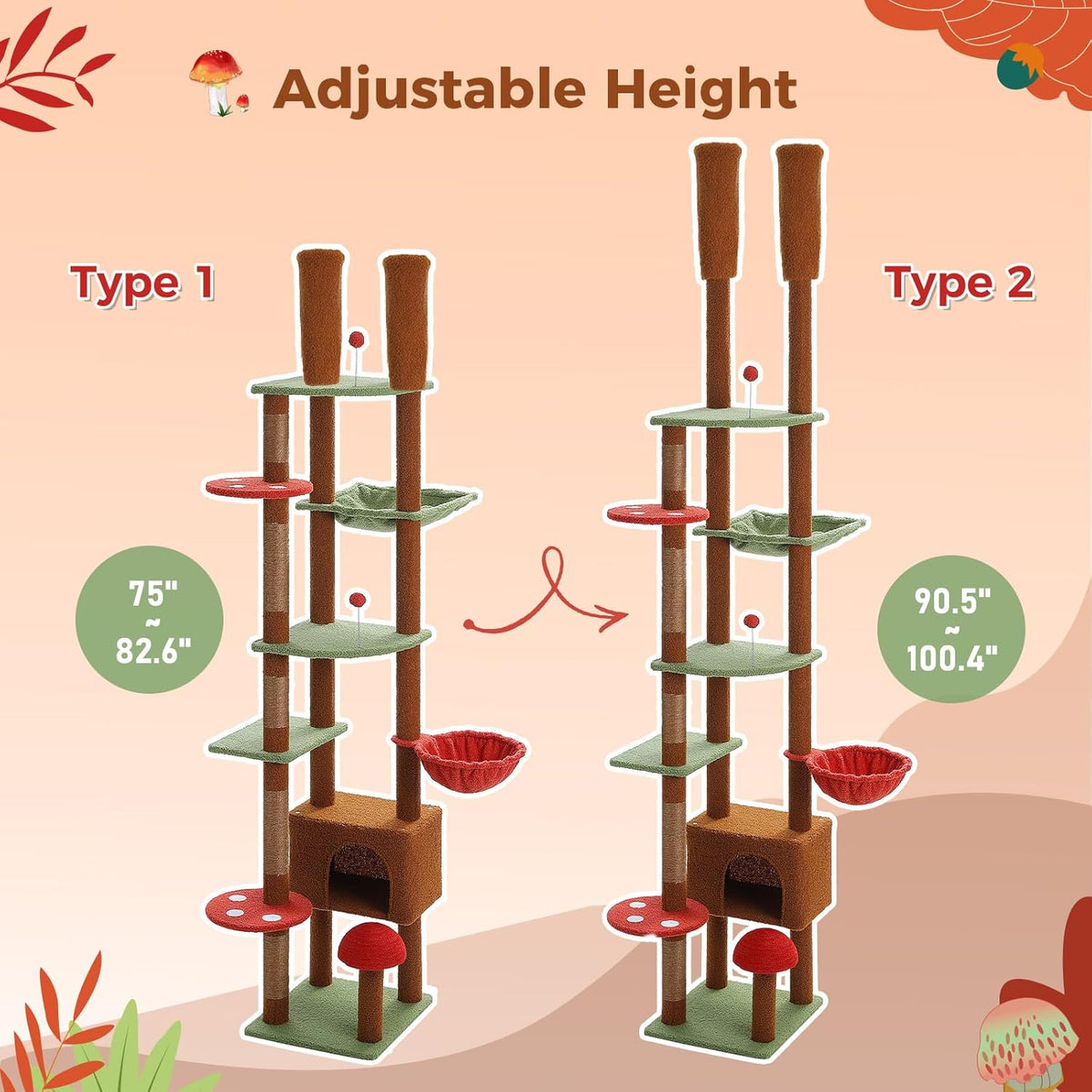 PEQULTI Mushroom Cat Tree Floor to Ceiling Cat Tower Adjustable Height (90.5''-100.4'' =