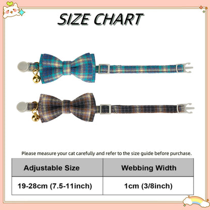 2 Pack Soft Cotton Cat Collars with Bowtie and Bell Breakaway Plaid Cat Kitten Collar(Ocean Blue