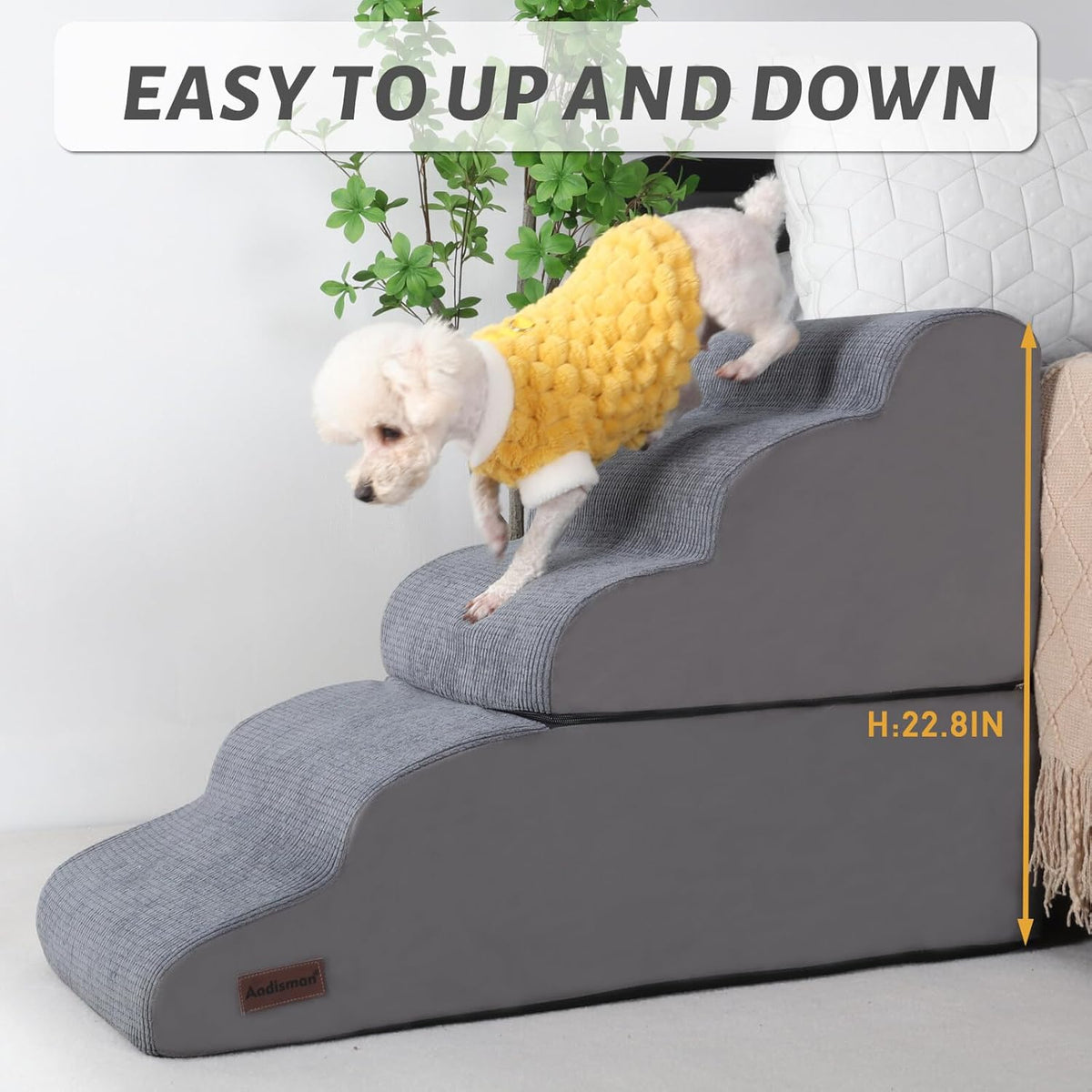 Dog Stairs and Ramp for High Bed, 5-Step Dog Steps for Small Dogs and Cats,Non-Slip Pet Stairs