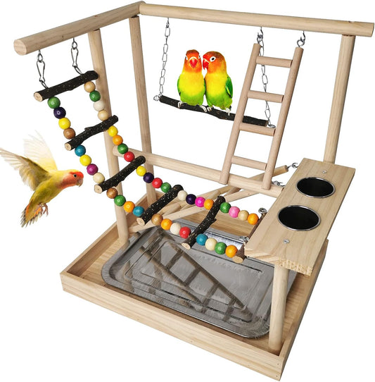 Hamiledyi Parrots Playground Bird Play Gym Wood Perch Stand Colours Climb Ladders Swing Chewing