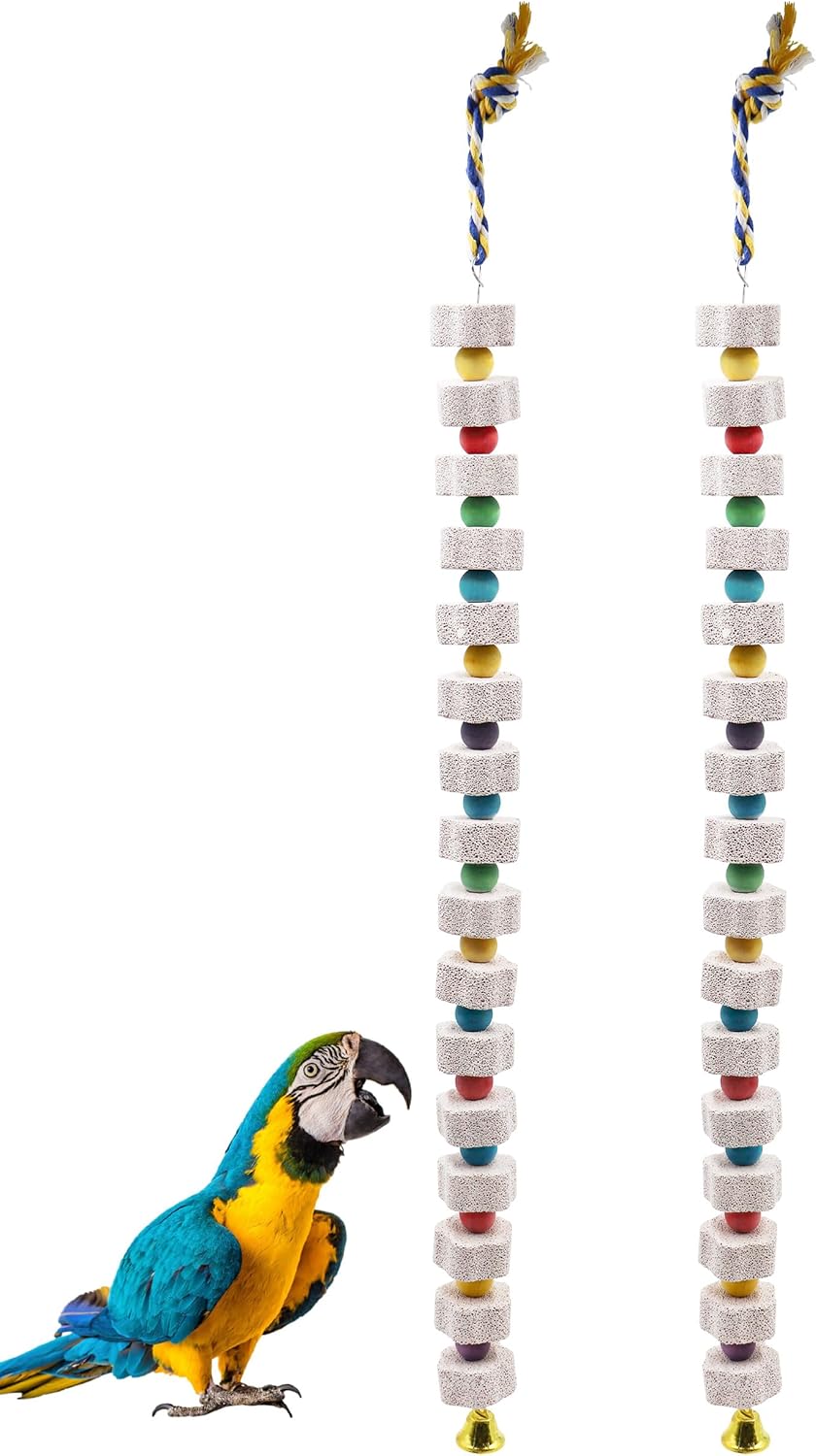 2 Pack 27 Inches Extra Long Bird Chewing Toy, Parrot Beak Grinding Calcium Stone with Bells, Bird