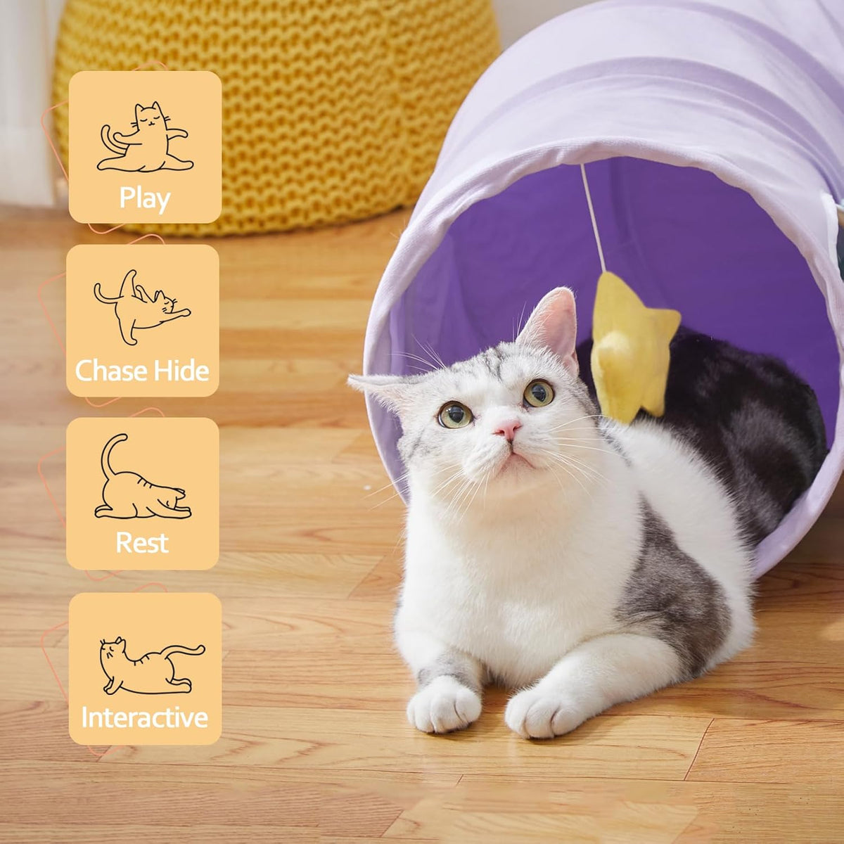 Cat Tunnel, Large Indoor Durable Collapsible Interactive Cat Tube with Peek-A-Boo Hole, Hanging