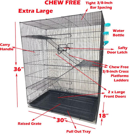 Extra Large 4-Floors with Tight 3/8-Inch Bar Spaing for Ferret Chinchilla Sugar Glider Rats Mice