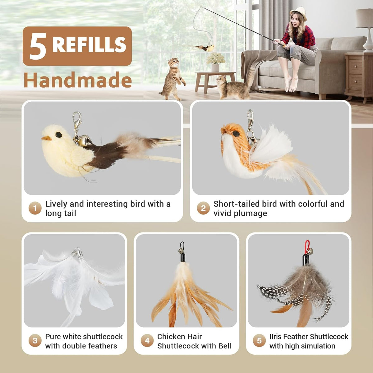 ROSAUI Cat Teaser Wand Toys, Interactive Bird Toys for Indoor Kittens, 42.15’’ Long Cat Fishing