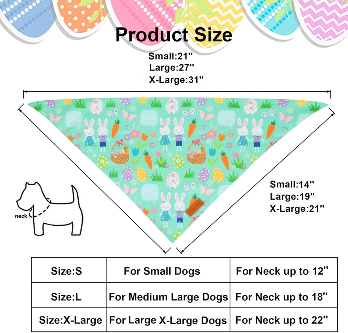 PTDECOR Easter Dog Bandana, Reversible Rabbit Easter Egg Dog Scarf, Multi Size, White Green