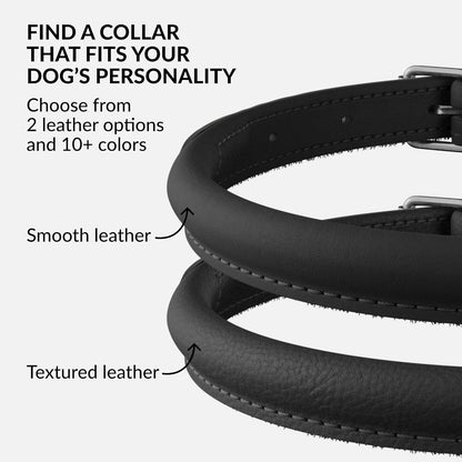 CollarDirect Rolled Leather Dog Collar, Soft Padded Round Puppy Collar, Handmade Genuine Leather