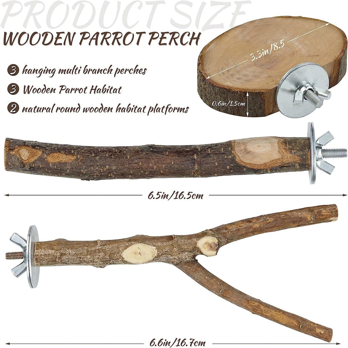 8-Piece Set Natural Wood Bird Perches - Wooden Parrot Stand with Fork Toys, Hanging Multi-Branch