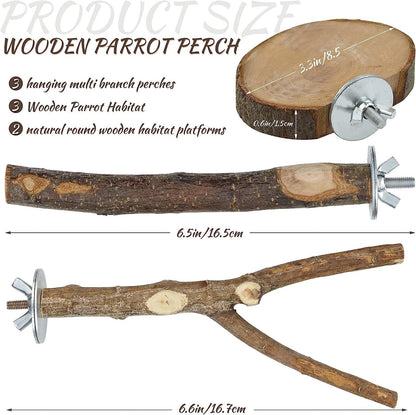 8-Piece Set Natural Wood Bird Perches - Wooden Parrot Stand with Fork Toys, Hanging Multi-Branch