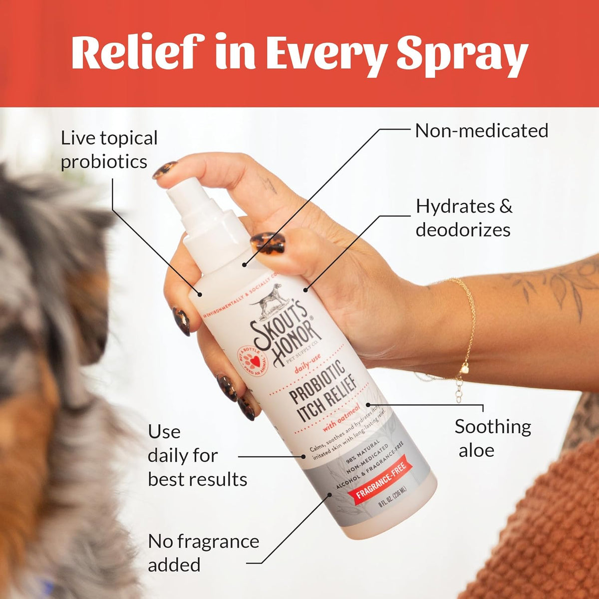 SKOUT'S HONOR Probiotic Itch Relief Spray for Pets - Non-Medicated, Fragrance-Free, Natural, Vegan