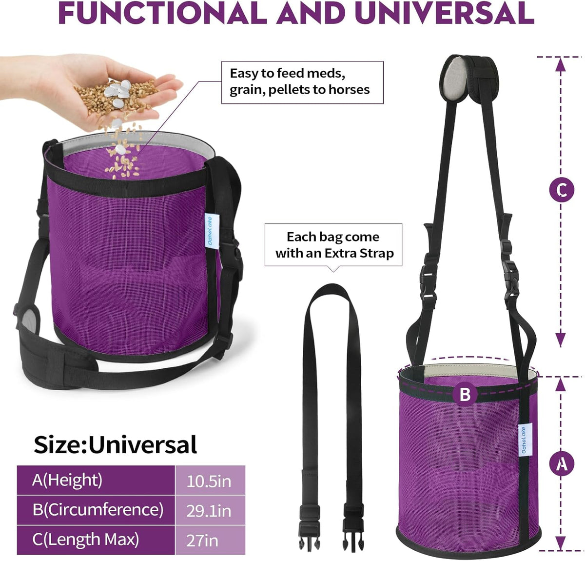 Horse Feed Bag 2 Pcs, Mesh Feed Bags for Horses, Muzzle Feedbag for Feeding Grain, Anti-Spill