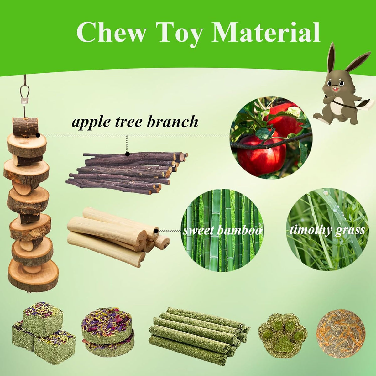 Grddaef Rabbit Toys, Guinea Pig Toys 25 Pcs Natural Timothy Hay Bunny Chews and Treats for Hamster