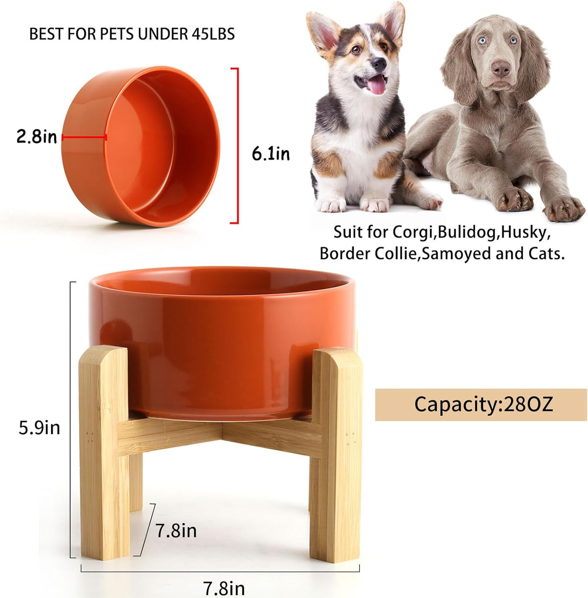 Petygooing 28 OZ Rust Red Elevated/Raised Ceramic Dog Bowl for Small and Medium Breeds, Dog Food