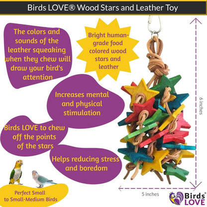 Birds LOVE Wood Stars & Leather Toy for Bird Cage Stand or Playgym, Bird Toys for Small to Medium