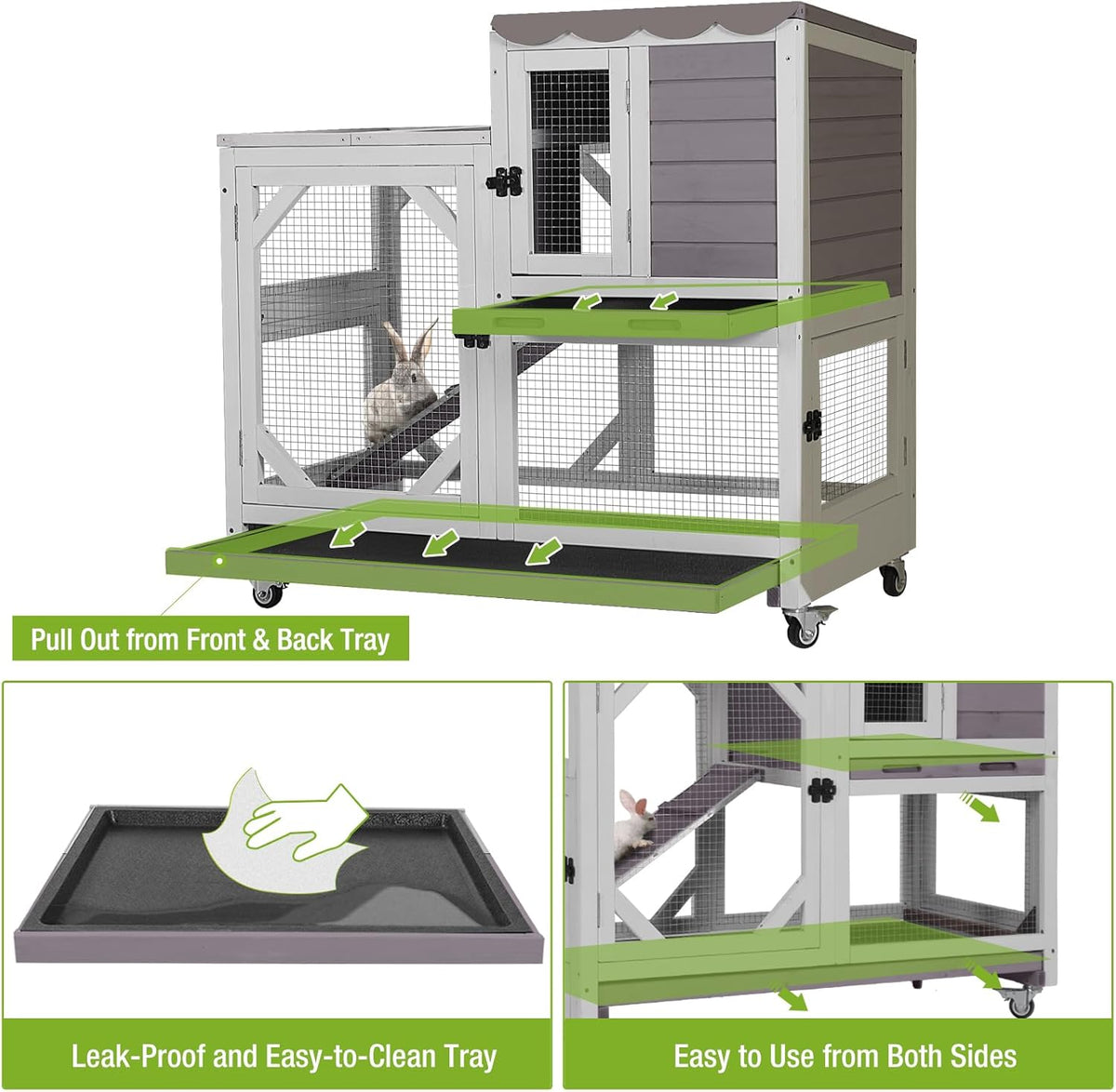 GUTINNEEN 2-Story Rabbit Hutch Indoor with Chew-Proof Design & Slide-Out Trays - Wooden Small