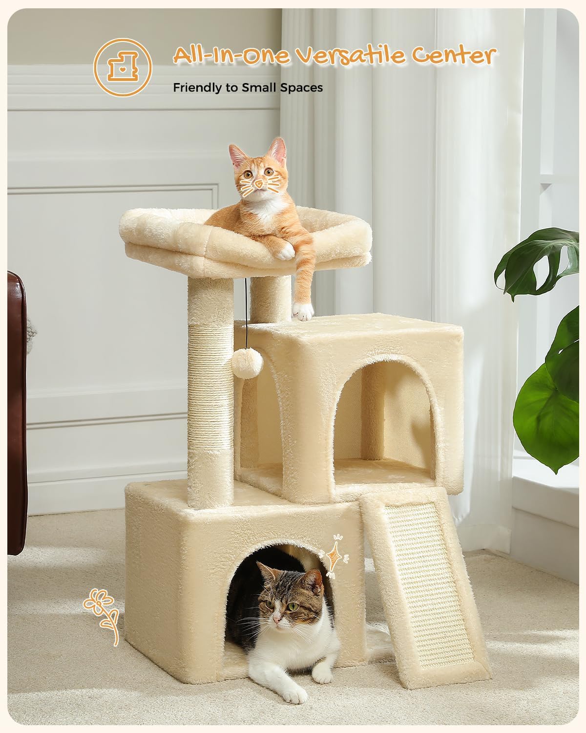 PAWZ Road Cat Tree, 30 Inches Cat Tower with Dual Condos for Indoor Cats, Plush Cat House with