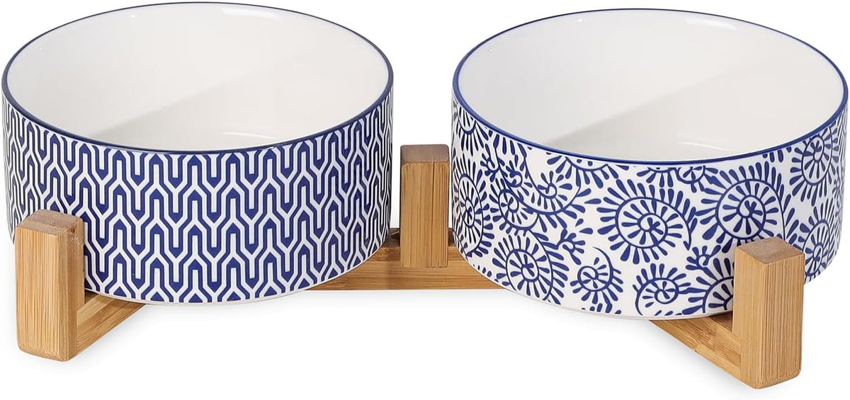Selamica Ceramic 30 OZ Dog Bowls, Dog Food and Water Bowls with Wooden Stand, Anti-Slip Dog Dishes