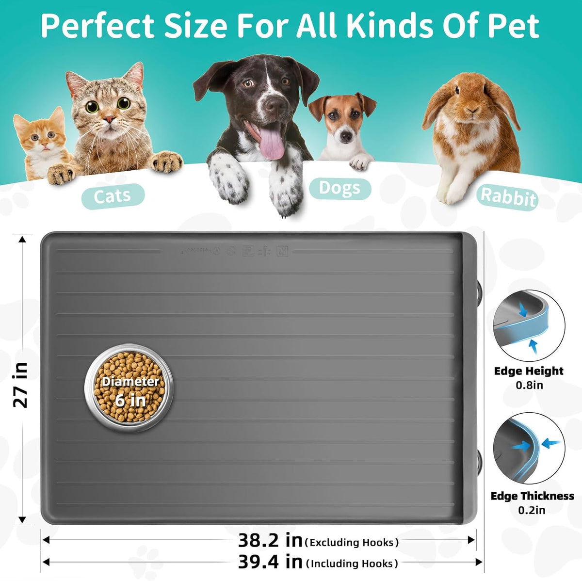 Dog Mat for Food and Water - 39.4" x 27" Large Pet Feeding Mats with Residue Collection Pocket
