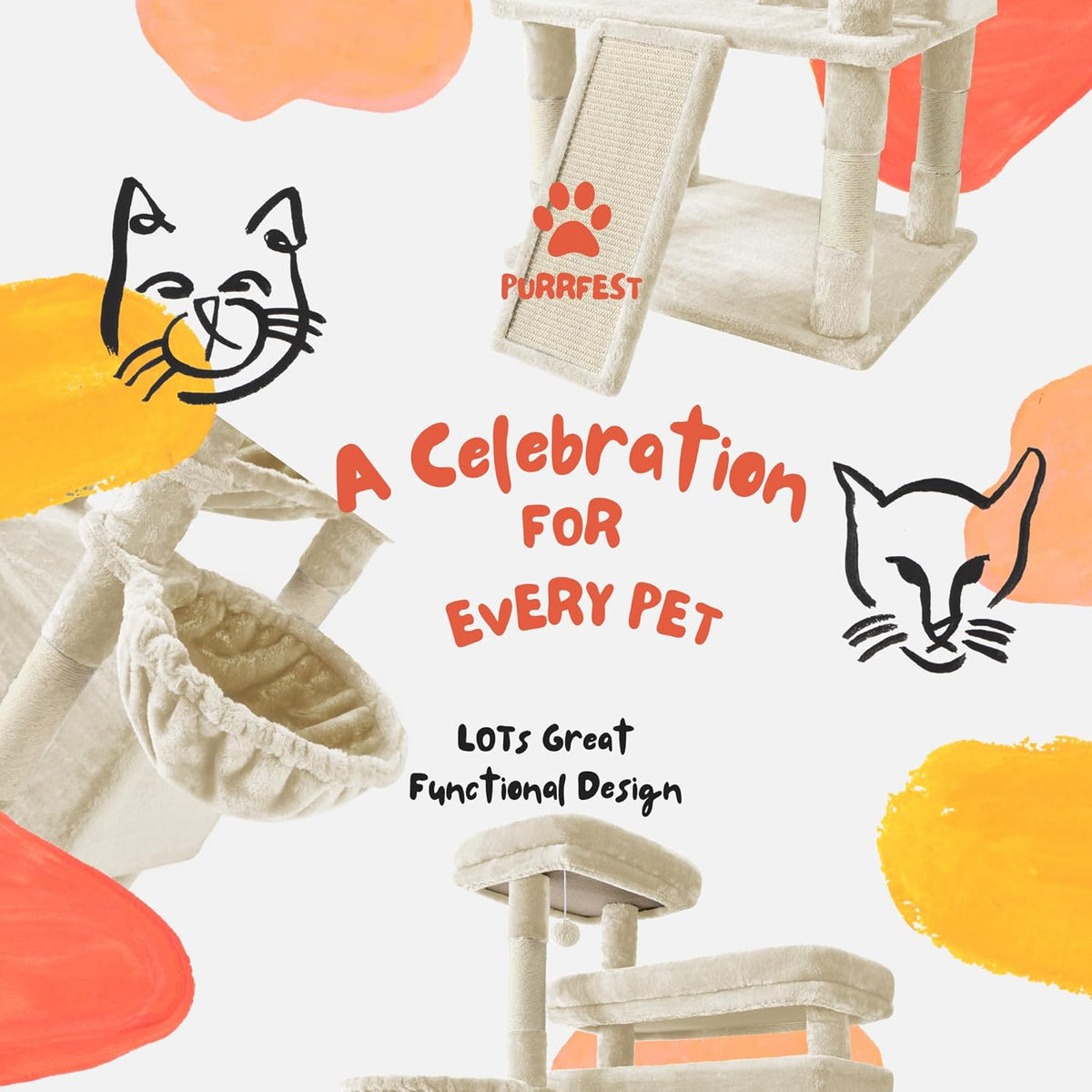 Cat Tree, 80-Inch Large Cat Tower with 9 Scratching Posts, 2 Perches, 2 Caves, 2 Basket, 2 Stairs