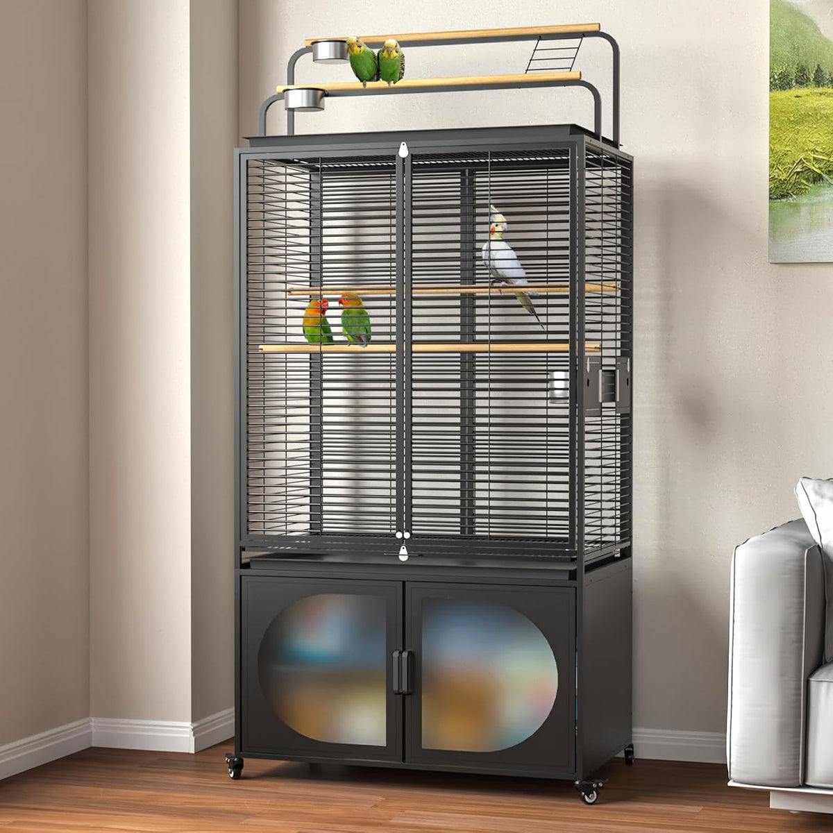 GDLF 72-Inch Bird Cage with Play Top, Parakeet Cage with Rolling Storage Cabinet Extra Large with