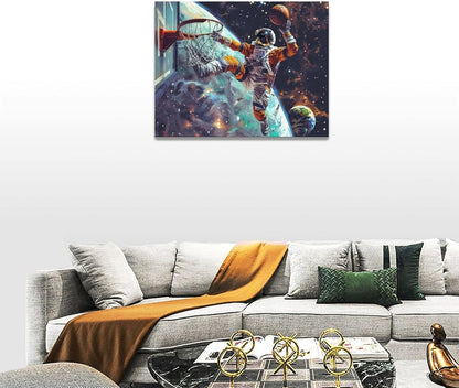 Quorin Astronaut Wall Art Funny Spaceman Basketball Pictures Space Galaxy Planet Wall Decor Canvas