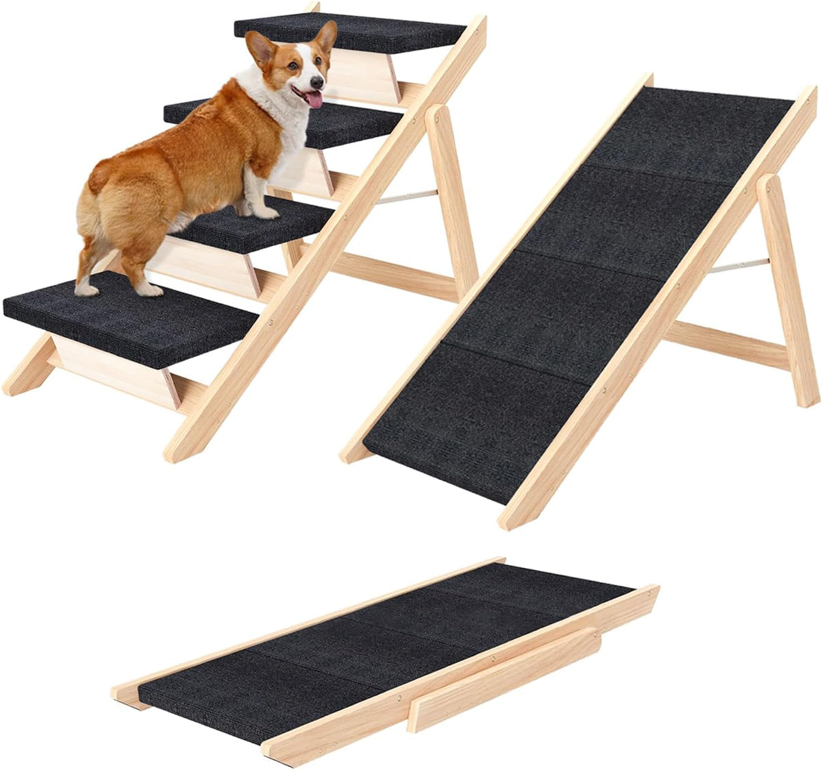 Dog Stairs/Ramp for Bed, Wooden Convertible Pet Steps, Portable Dog Ladder Up to 180 Pound for