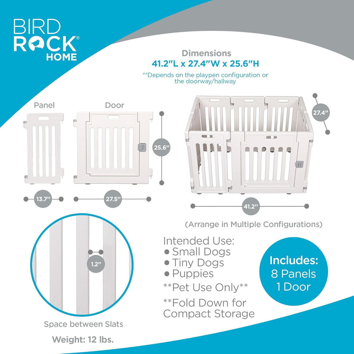 BIRDROCK HOME Dog Playpen w/Door, 8 Panel, 25.6in H | Strong Plastic, Non-Slip Puppy Playpen