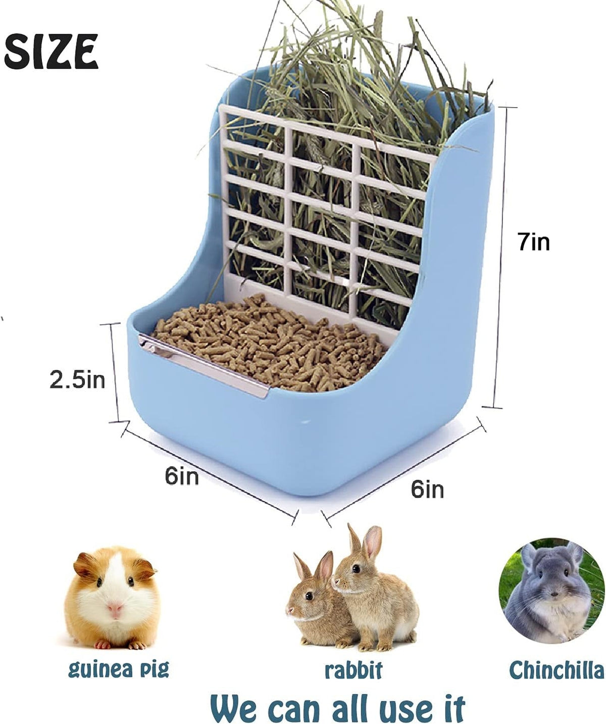 HERCOCCI PET Feeder and Water Bottle Set, Large Blue (500ml), Durable Hay Food Bin Feeder, Food