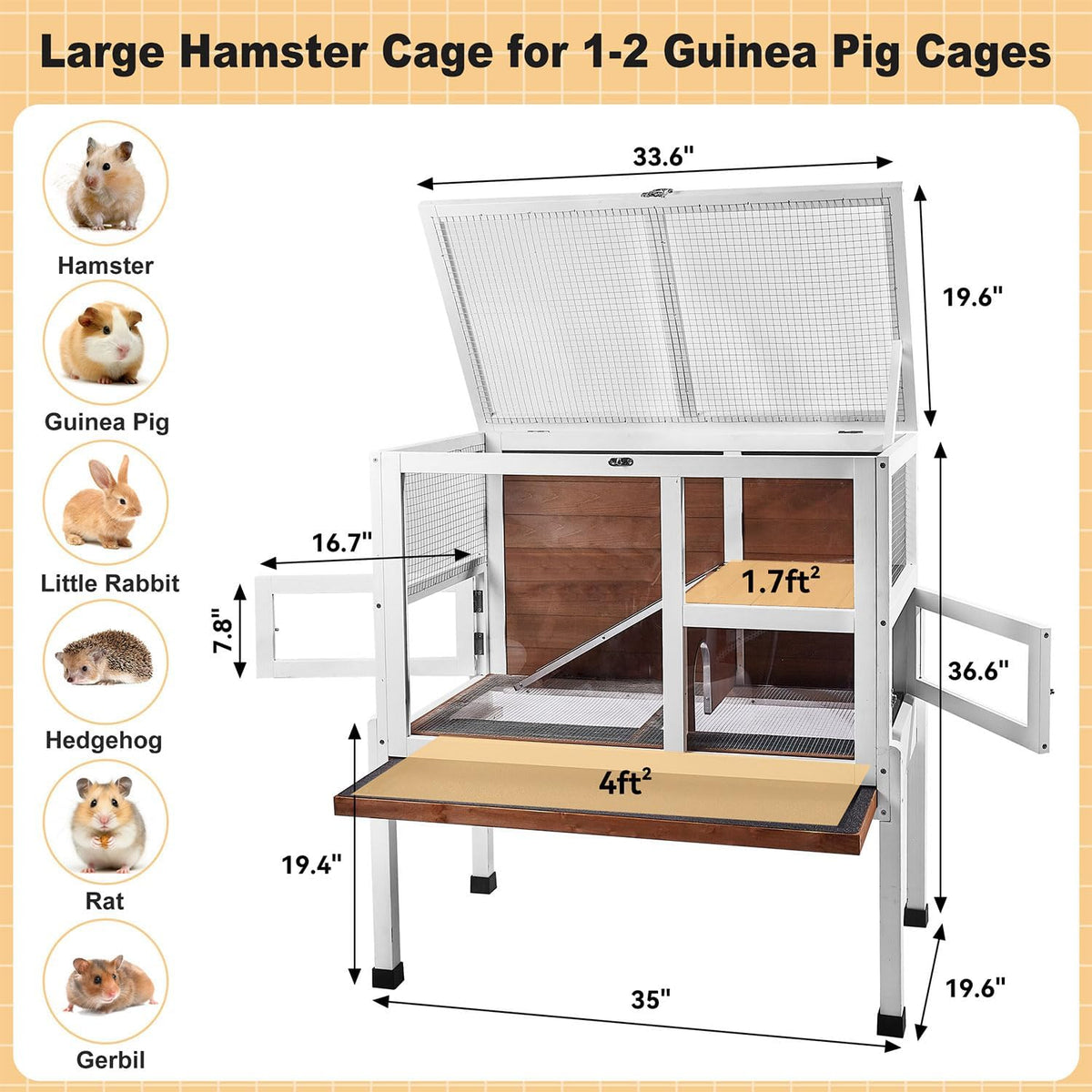 2-Story Guinea Pig Cage with Stand, Indoor Wooden Hamster Cage with Ramp, Pull-Out Tray, Hideout &