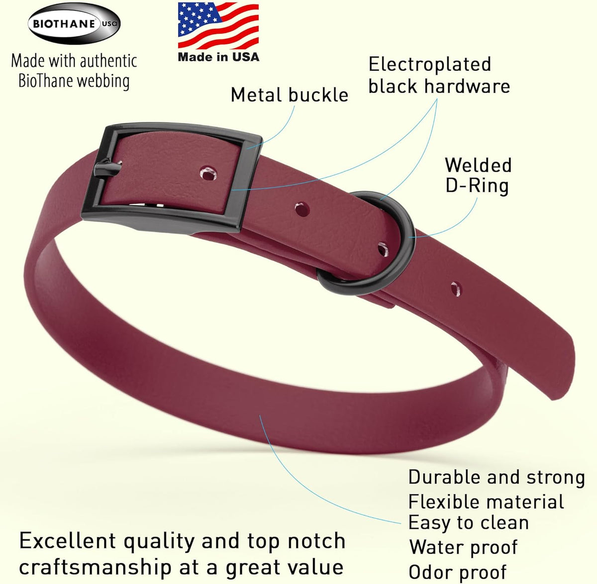 Dogline Biothane Waterproof Dog Collar Strong Coated Nylon Webbing with Black Hardware Odor- Proof
