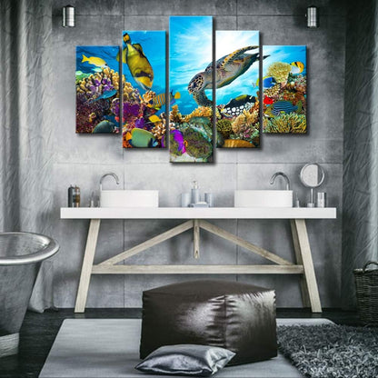 Xlarge 5 Piece Underwater World Canvas Wall Art Painting Sea Turtles Tropical Fish Swim on Coral