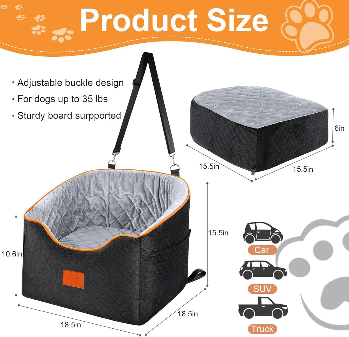 Dog Car Seat for Small Dogs, Memory Foam Booster Dog Seat for Dogs up to 35 lbs, Elevated Pet Car