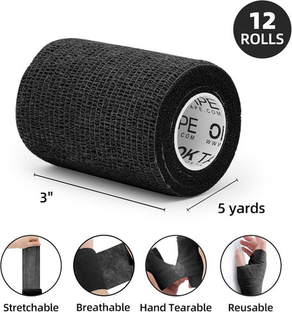 OK TAPE Self Adherent Cohesive Bandages Wrap - 12Packs, 3" x 5 Yards, Non-Woven Self Adhesive