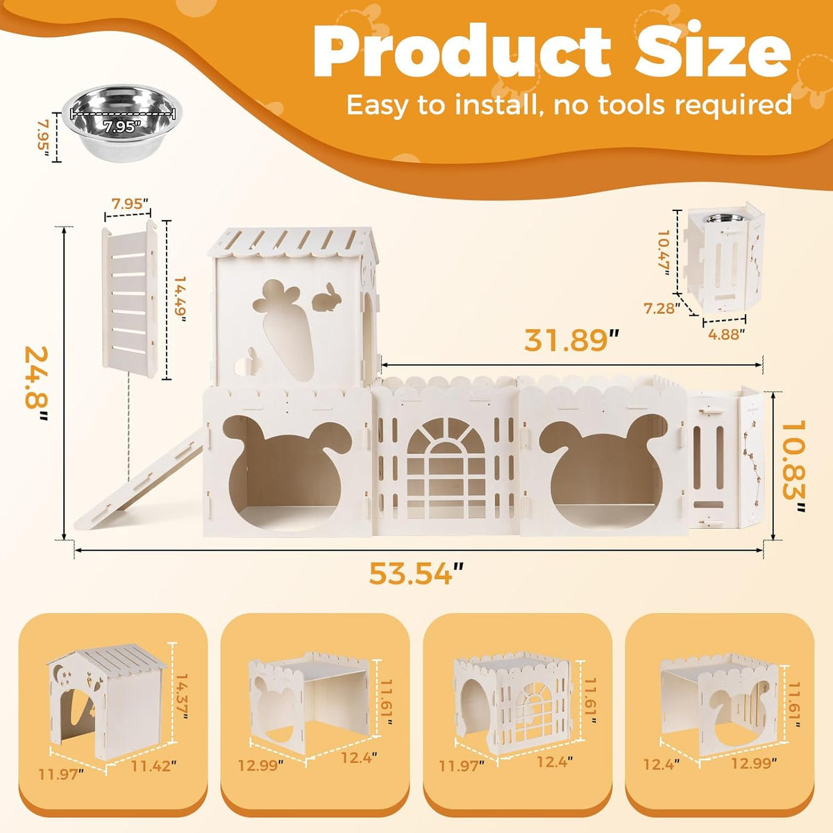 Extra Large Rabbit House, Wooden Bunny House Hideout with 4 Houses and Hay Feeder Indoor, Rabbit
