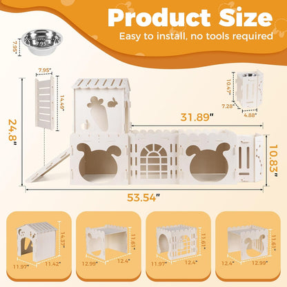 Extra Large Rabbit House, Wooden Bunny House Hideout with 4 Houses and Hay Feeder Indoor, Rabbit