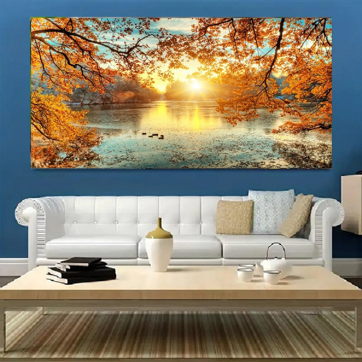 Yxbhhym-Landscape Tree Canvas Wall Art Fall Forest Sunset Wall Decor Poster Lake Water Pictures for