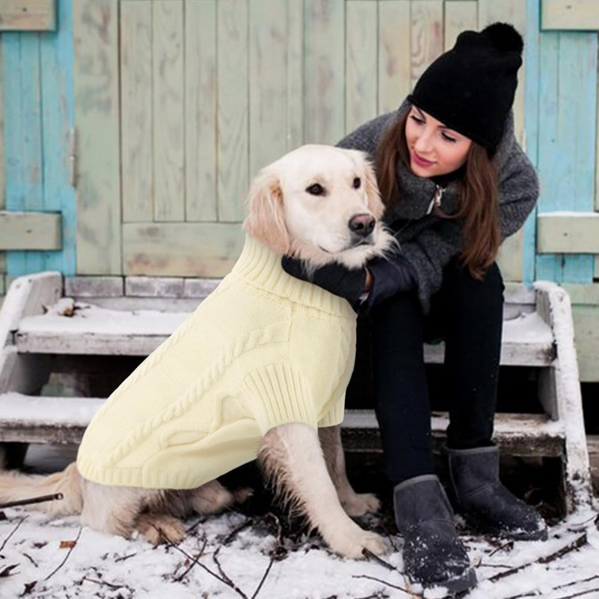 Queenmore Small Dog Pullover Sweater, Cold Weather Cable Knitwear, Classic Turtleneck Thick Warm