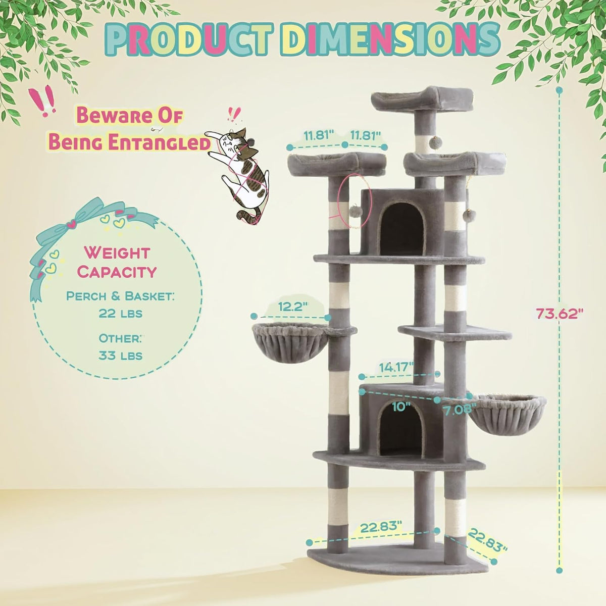 SHA CERLIN 73" Space-Saving Cat Tree/Multi-Level Tall Cat Tower with Perches/Scratching Posts/Condo