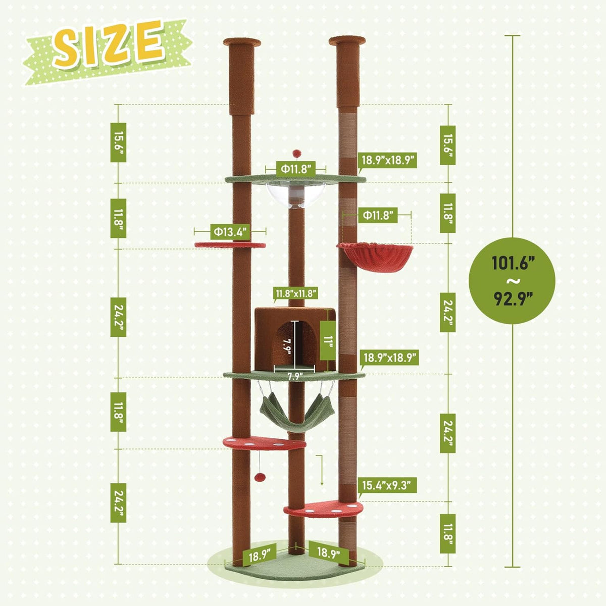 PEQULTI Floor to Ceiling Cat Tree 92.9’’-101.6’’ Height Adjustable Mushroom Cat Tower Tall Climbing
