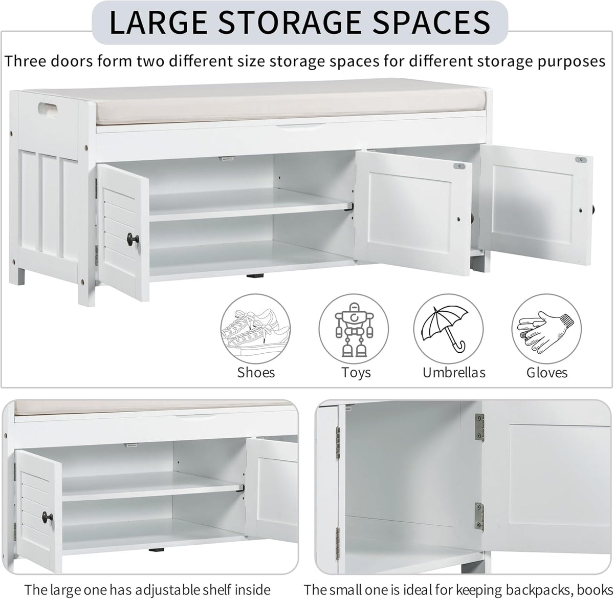 Storage Bench with 3 Shutter-Shaped Doors, Pine Wood Shoe Bench with Removable Cushion and Hidden