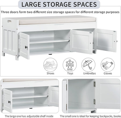 Storage Bench with 3 Shutter-Shaped Doors, Pine Wood Shoe Bench with Removable Cushion and Hidden