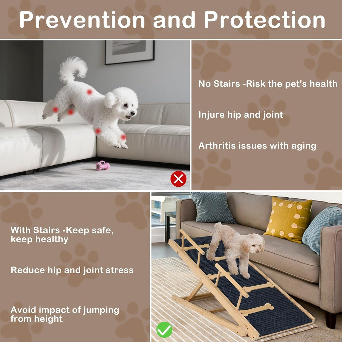 Dog Ramp for Bed, Non-Slip Pet Ramp with 5 Adjustable Heights, Portable Foldable Wooden 40" Long